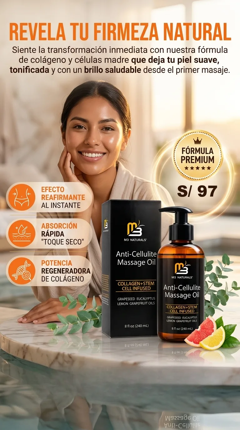Mujer aplicándose el aceite anticelulítico M3 Naturals con colágeno y células madre para una piel firme y tonificada