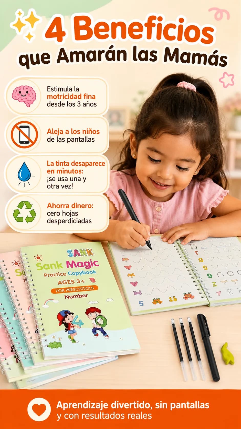 et de 4 cuadernos mágicos Montessori de caligrafía reutilizable, niña practicando trazos